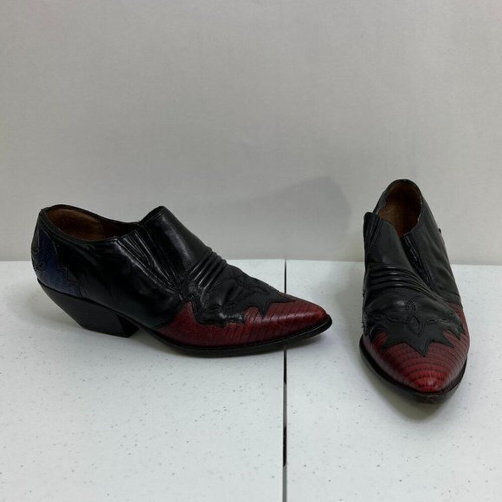 Vintage 90s Ankle Booties 7.5 M Western‎ Black Red Blue Heel Block Cowboy Short